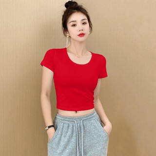 เสื้อยืดครอปแขนสั้น ผ้าฝ้ายแท้ เอวสูง เข้ารูป สีแดง แฟชั่นฤดูร้อน สําหรับผู้หญิง