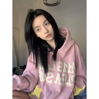 [พร้อมส่ง] เสื้อคาร์ดิแกนกันหนาว มีฮู้ด ผ้าฟลีซ ทรงหลวม ลายดาว แบบหนา สไตล์สตรีท อเมริกัน เหมาะกับฤดูใบไม้ร่วง ฤดูหนาว สําหรับผู้หญิง