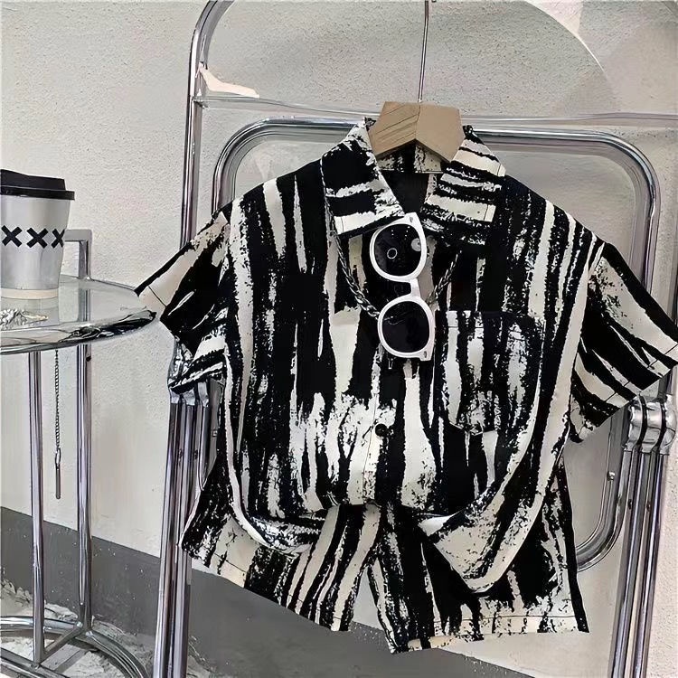 เสื้อเชิ้ตแขนสั้น กางเกงขาสั้น สองชิ้น แฟชั่นฤดูร้อน สําหรับเด็กผู้ชาย