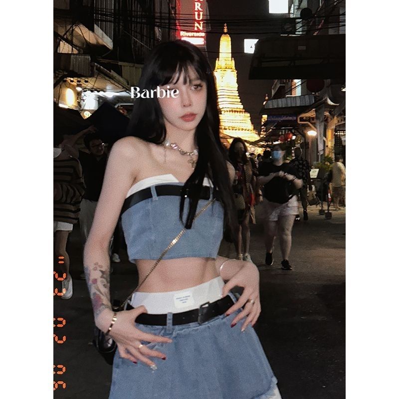 เสื้อกั๊กกระโปรงยีนสั้น จับจีบ แฟชั่นฤดูใบไม้ผลิ สําหรับสตรี KY2X