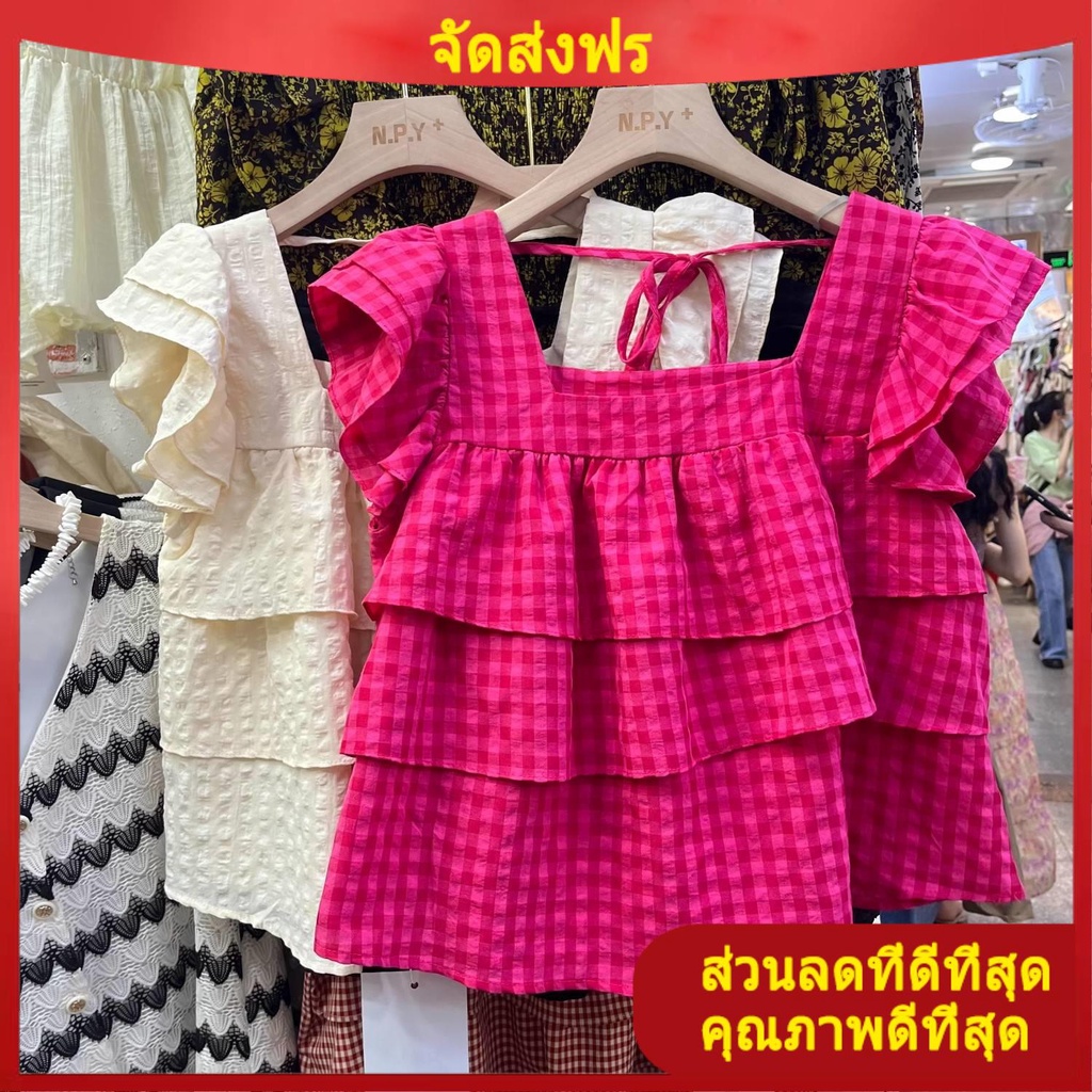 เสื้อครอป เสื้อเชิ้ตแขนกุดชายระบายหลายชั้นสไตล์ฝรั่งเศสแบบใหม่ฤดูร้อนปี2023เสื้อกล้ามผู้หญิงเสื้อคอเหลี่ยมสไตล์ตะวันตกสุดนางฟ้า