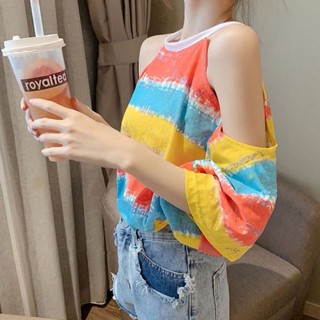 พร้อมส่ง เสื้อยืดแขนสั้น ทรงหลวม ลายทาง สีรุ้ง แฟชั่นฤดูร้อน สําหรับผู้หญิง นักเรียน 2023