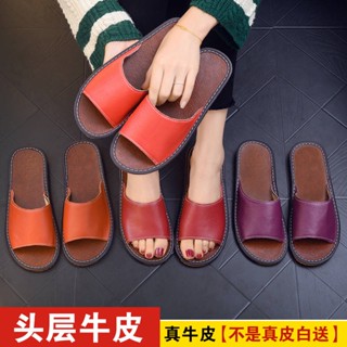 The first layer of leather slippers indoor men&amp;#39;s and women&amp;#39;s shoes home non-slip solid bottom sandals