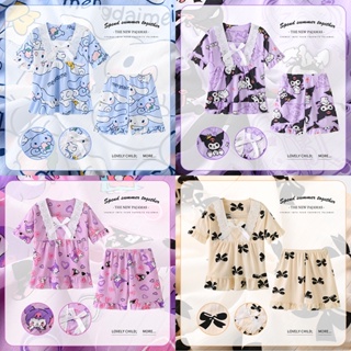 Kawaii Sanrio ชุดนอนเด็กน่ารัก Kuromi My Melody Cinnamoroll อะนิเมะ ชุดนอนเด็ก แขนสั้น ฤดูร้อน การ์ตูน เสื้อผ้า บ้าน สไตล์เกาหลี แฟชั่น