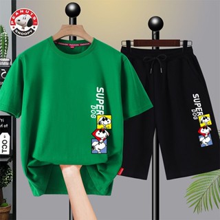 ชุดเสื้อกีฬาแขนสั้น ผ้าฝ้ายแท้ ทรงหลวม เข้ากับทุกการแต่งกาย ลายการ์ตูน Snoopy เข้ากับทุกการแต่งกาย สําหรับเด็กผู้ชาย