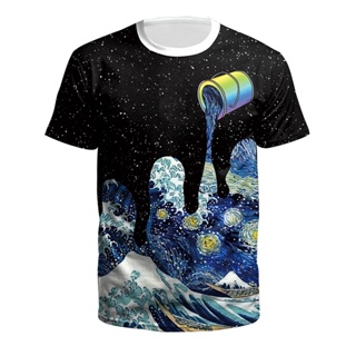 เสื้อยืดแขนสั้น แบบบาง พิมพ์ลายภาพวาดสีน้ํามัน Van Gogh Starry Night แฟชั่นฤดูร้อน สําหรับผู้ชาย และผู้หญิง 2022