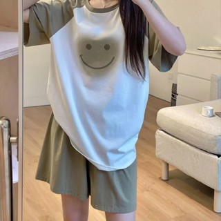 ชุดนอนเสื้อแขนสั้น กางเกงขาสั้น ลายการ์ตูนหน้ายิ้มน่ารัก สไตล์เกาหลี ฤดูร้อน สําหรับผู้หญิง [P709]