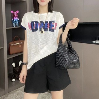 ชุดกีฬา เสื้อยืดคอกลม แขนสั้น กางเกงขาสั้น พิมพ์ลาย ทรงหลวม ใส่สบาย แฟชั่นฤดูใบไม้ผลิ ฤดูร้อน สําหรับผู้หญิง [P819] 2022 @-