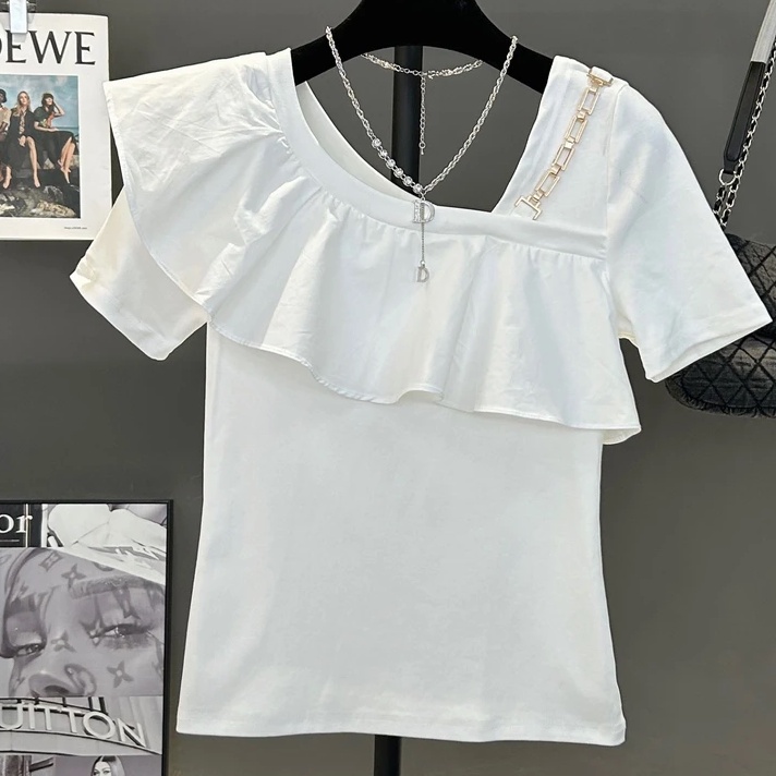 เสื้อยืดแขนสั้น คอปกเฉียง แต่งระบาย เข้ากับทุกการแต่งกาย แฟชั่นฤดูร้อน สําหรับผู้หญิง มี 2 สี