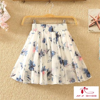 พร้อมส่ง~[โปรโมชั่น] กระโปรงพลีท ผ้าชีฟอง เอวยางยืด ทรงเอ พิมพ์ลายสามชั้น สไตล์เกาหลี