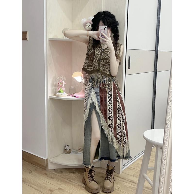 พร้อมส่ง Zhien เสื้อกั๊กกระโปรงยีน ผ้าถัก สามชิ้น สไตล์โบฮีเมียน เข้ากับทุกการแต่งกาย แฟชั่นฤดูร้อน
