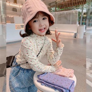 [CikiBaby] เสื้อยืดแขนยาว คอสูง ลายดอกไม้ แฟชั่นบอททอม สําหรับเด็กผู้หญิง