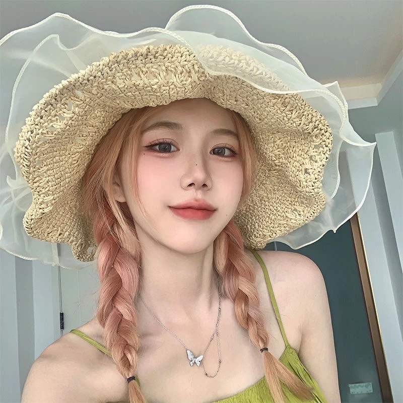 หมวกฟางปีกกว้างแต่งลูกไม้ สไตล์ญี่ปุ่น สำหรับผู้หญิง