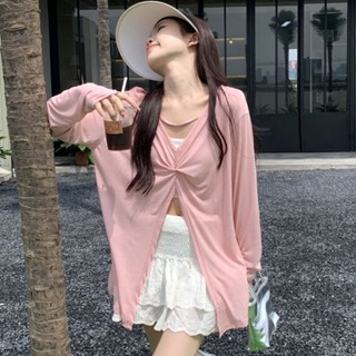 [พร้อมส่ง] เสื้อยืดแขนยาว คอวี ทรงหลวม สีชมพู แฟชั่นฤดูร้อน สําหรับผู้หญิง