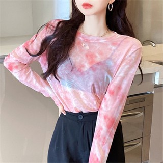 Hot sale🙆เสื้อตัวในกันแดดตาข่ายมัดย้อมทรงหลวมสไตล์เกาหลีเสื้อยืดแขนยาว