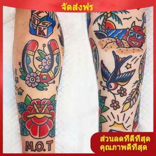 แทททูกันน้ํา 15 วัน tattoo สุดยอดและน่ารัก! Oldschool ประกบสติกเกอร์รอยสักแขนดอกไม้กันน้ำสำหรับทั้งชายและหญิงติดทนนานจำลองสไตล์ ins สีเข้ม