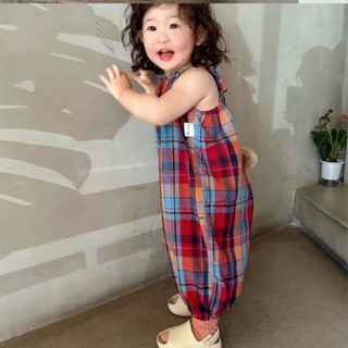 [CikiBaby] ชุดจั๊มสูท กางเกงขายาว ขากว้าง ลายสก๊อตน่ารัก แฟชั่นฤดูร้อน สไตล์เกาหลี สําหรับเด็ก