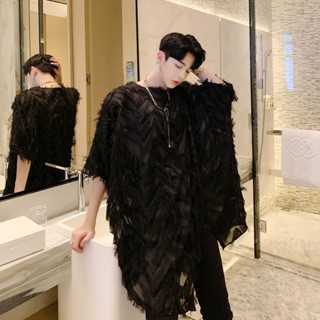 ✼♙♚เสื้อยืดแขนสั้น ทรงหลวม แต่งขนนก แบบสร้างสรรค์ แฟชั่นฤดูร้อน สไตล์สตรีท สําหรับผู้ชาย