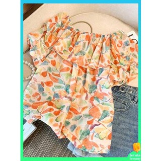 เสื้อลายดอกสาวอวบ เสื้อลายดอกไม้ เสื้อเชิ้ตผ้าชีฟองแขนพองทรงหลวมและหวานสไตล์ฝรั่งเศสสำหรับสาวอวบไซส์ใหญ่แฟชั่นหน้าร้อน