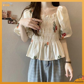 เสื้อลายดอกไม้ เสื้อลายดอกสาวอวบ เสื้อเชิ้ตลายดอกคอเหลี่ยมสไตล์ฝรั่งเศสไซส์ใหญ่สำหรับผู้หญิงแขนพองจับจีบสำหรับฤดูร้อนเสื้อสุดเก๋ปกปิดเนื้อสำหรับสาวอวบ