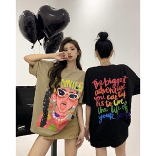 [พร้อมส่ง] เสื้อยืดแขนสั้นลําลอง ทรงหลวม พิมพ์ลาย สไตล์เกาหลี โอเวอร์ไซซ์ 150 กก. 120 กก. สําหรับผู้หญิง