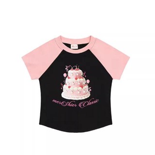 [Asian Culture Must-Have] เสื้อยืดแขนสั้น เปิดไหล่ พิมพ์ลายเค้ก Dopamine Girl Sweet Girl สีชมพู สีดํา สําหรับผู้หญิง y2k