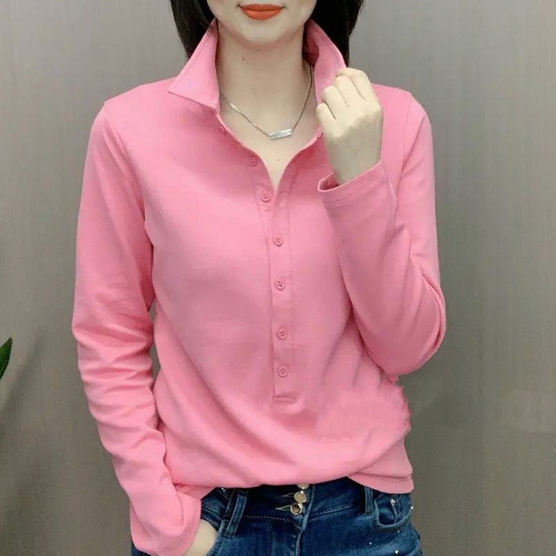 เสื้อยืดแขนยาวลําลอง คอปกโปโล เข้ารูป เข้ากับทุกการแต่งกาย แฟชั่นฤดูใบไม้ผลิ และฤดูใบไม้ร่วง สไตล์เกาหลี และตะวันตก สําหรับผู้หญิง 2023