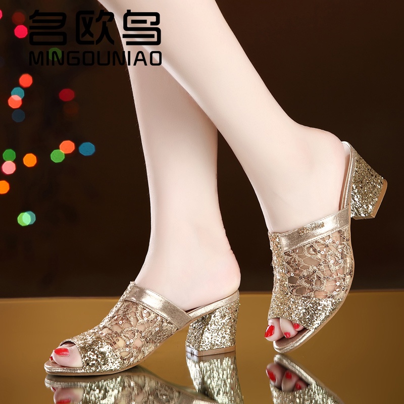 Chunky Heel รองเท้าแตะปากปลารองเท้าแตะสวมใส่ด้านนอก 2024 ฤดูร้อนตาข่ายแฟชั่น All-Match Anti-Slip สุภาพสตรีรองเท้าแม่