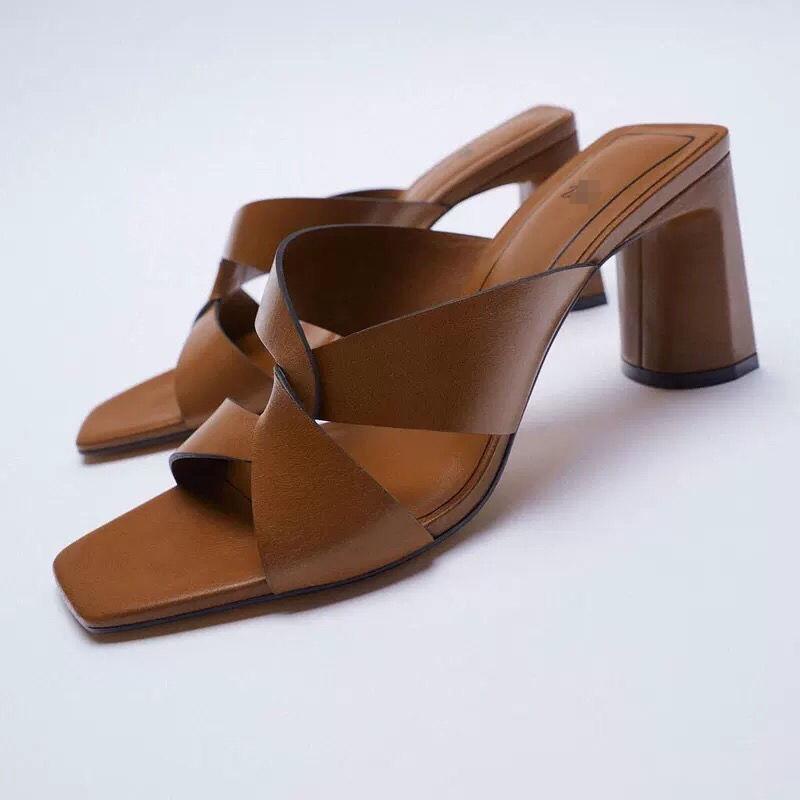 Zara รองเท้าส้นสูง หนังวัว ส้นหนา หัวสี่เหลี่ยม สวมใส่สบาย เข้ากับทุกการแต่งกาย แฟชั่นฤดูร้อน สไตล์สเปน สําหรับผู้หญิง