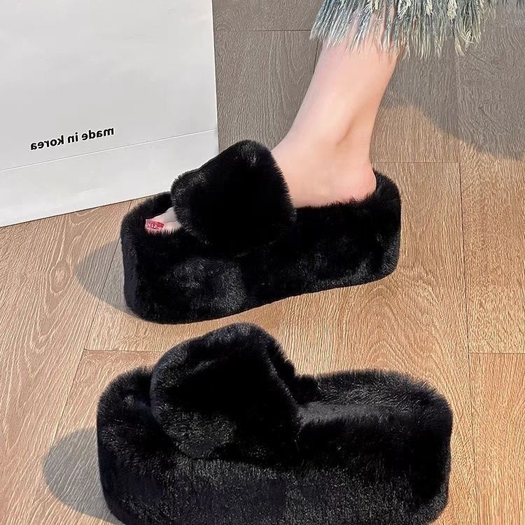 8 ซม.Furry Fluffy Flip-Flops แพลตฟอร์มความสูงรองเท้าขนสัตว์ฤดูใบไม้ร่วงฤดูหนาวสวมใส่ด้านนอกผ้าฝ้าย Sli