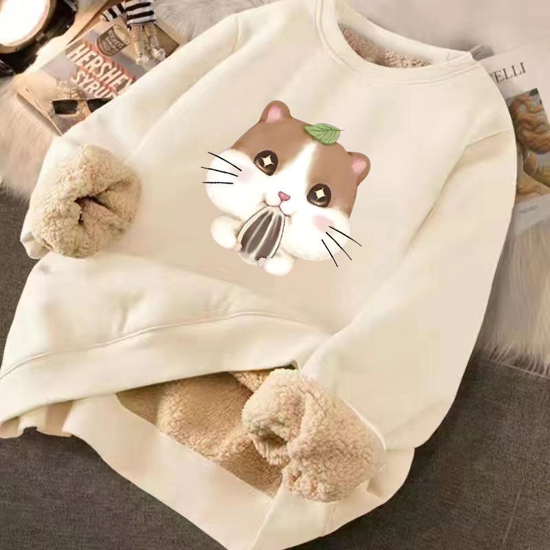 Milk Apricot Lamb ขนแกะรอบคอเสื้อกันหนาวผู้หญิง 2023 ฤดูใบไม้ร่วงฤดูหนาวการ์ตูน Niche Coat ซับขนแกะหลวมด้านบน