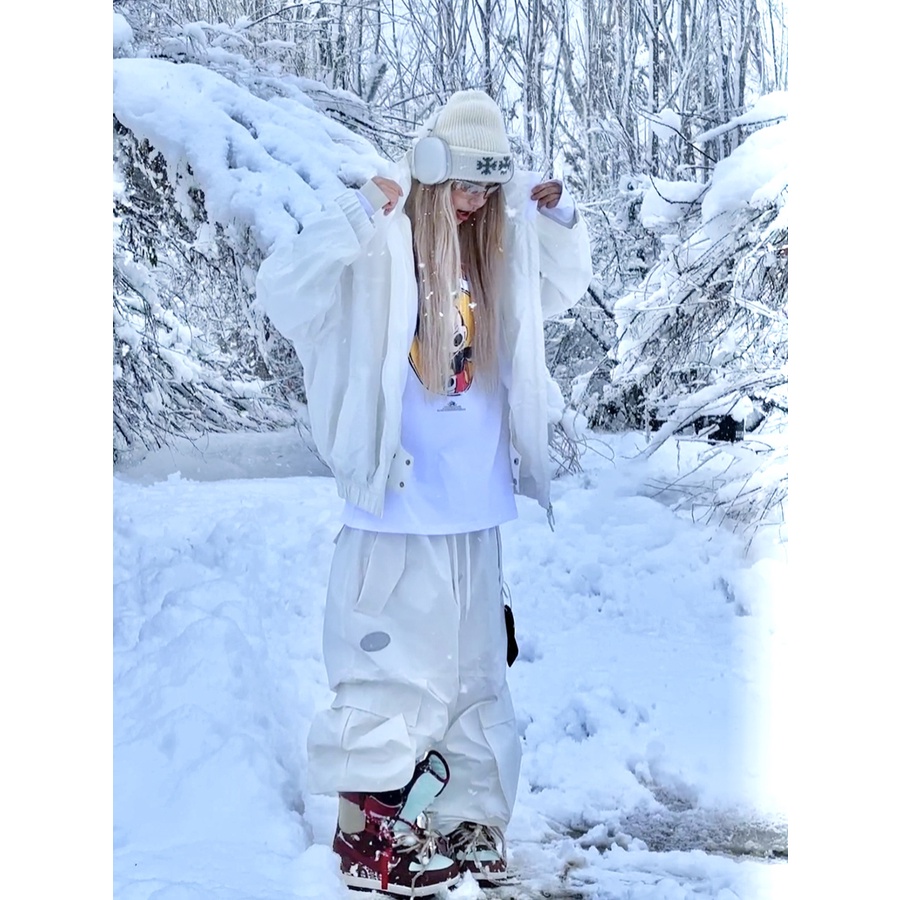 Qleo ชุดสูท กางเกงสกี ผ้าฟลีซ วีเนียร์ กันน้ํา สีขาว สไตล์อเมริกัน เหมาะกับฤดูหนาว กลางแจ้ง สําหรับผู้ชาย และผู้หญิง