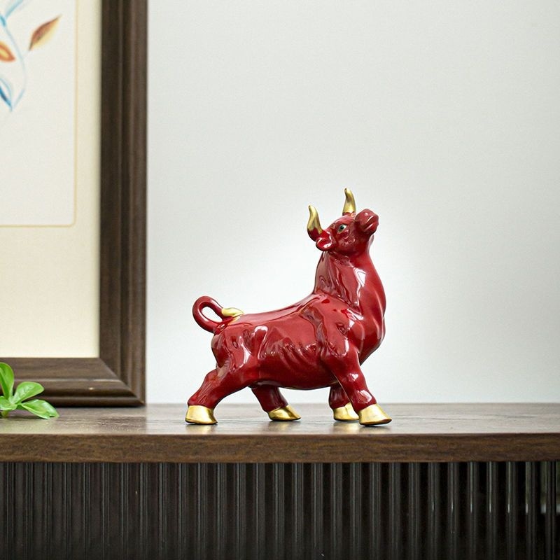 โมเดลกระทิงนําโชค เซรามิค รูปวัวนําโชค สีรุ้ง สีแดง สําหรับตกแต่งโต๊ะ ของขวัญปีวัว