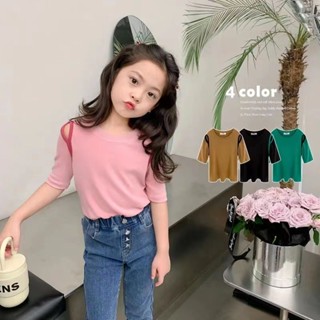 ❀Qinzi เสือดาว❀พร้อมส่ง เสื้อยืดแขนสั้น ผ้าถัก สีพื้น สําหรับเด็กผู้หญิง