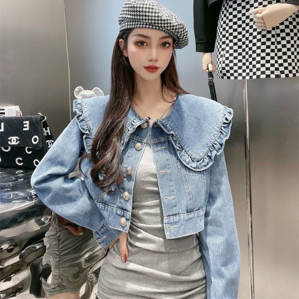 ☀✎❤2021 Age-Reduction Doll Collar Denim Short Coat สุภาพสตรีเสื้อแจ็คเก็ตลําลองเกาหลีฤดูใบไม้ร่วง❤10.20