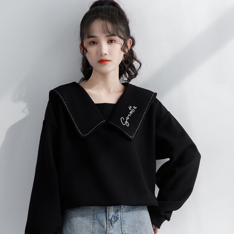 เสื้อยืดแขนยาวไซส์ใหญ่ คอตุ๊กตา ปักลาย ทรงหลวม 45-150 กก.ใส่ได้ เสื้อสาวอวบ เสื้อแฟชั่นผู้หญิง