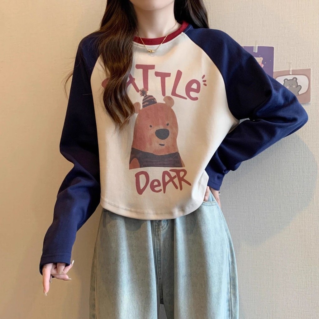 สบายๆบางสไตล์หลวมแขนยาวเสื้อกันหนาวเสื้อยืดผู้หญิงฤดูใบไม้ร่วงฤดูหนาว บวก ขนาดไขมันน้องสาวอเมริกันย้อนยุคสไตล์สั้นไหล่อย่างเป็นทางการด้า