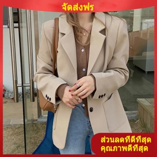 สูทเบลเซอร์ผู้หญิง เสื้อเบลเซอร์ทรงหลวมใส่แล้วดูผอมสำหรับสาวอวบแบบใหม่ฤดูใบไม้ผลิและฤดูใบไม้ร่วงชุดสูทตัวเล็กสไตล์ฮ่องกงใส่สบายๆสำหรับสาวเท่ไซส์ใหญ่