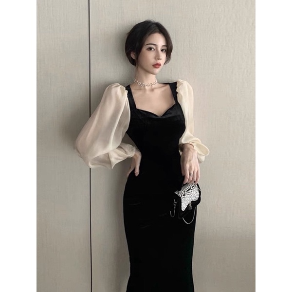 LXL2XL3XLขนาดกลางขนาดใหญ่กํามะหยี่เซ็กซี่ขนาดใหญ่SlimmerดูVคอสีดําแขนยาวกระโปรงยาวสะโพกชุด