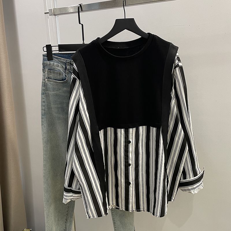 เสื้อเชิ้ตลําลองแขนยาว ทรงหลวม ขนาดใหญ่พิเศษ เชิ้ตลายทางสาวอวบ สองชิ้นติดกัน แฟชั่นสไตล์เกาหลี อก41-59 เสื้อ แฟชั่นผู้หญิงอวบอ้วน