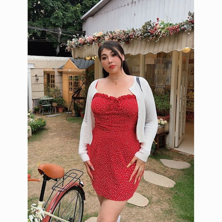 ชุดเซ็ทสาวอวบ set 2ชิ้น เสื้อคลุมไหมพรม-เดรสสายเดี่ยว ลายจุด พลัสไซซ์ สําหรับผู้หญิงอวบอ้วน อก36-46