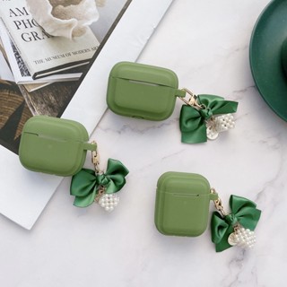 เคสซิลิโคนนิ่ม ประดับโบว์ สีเขียว สําหรับป้องกันหูฟัง Airpods 2 3