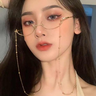 พร้อมส่ง แว่น สายตาสั้น ประดับโลหะแบบไม่มีเลนส์พร้อมเพชร ins Tik Tok กรอบครึ่งล่างกระจกแบนหยดน้ำสายโซ่แว่นตาจี้กรอบตกแต่ง