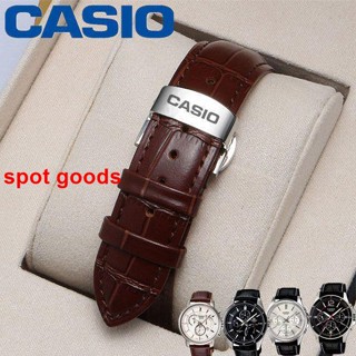 Casio สายนาฬิกาข้อมือ สายหนังวัวแท้ หัวเข็มขัดผีเสื้อ สําหรับผู้ชาย MTP1375 1384 BEM501 506 20 มม. 22 มม.