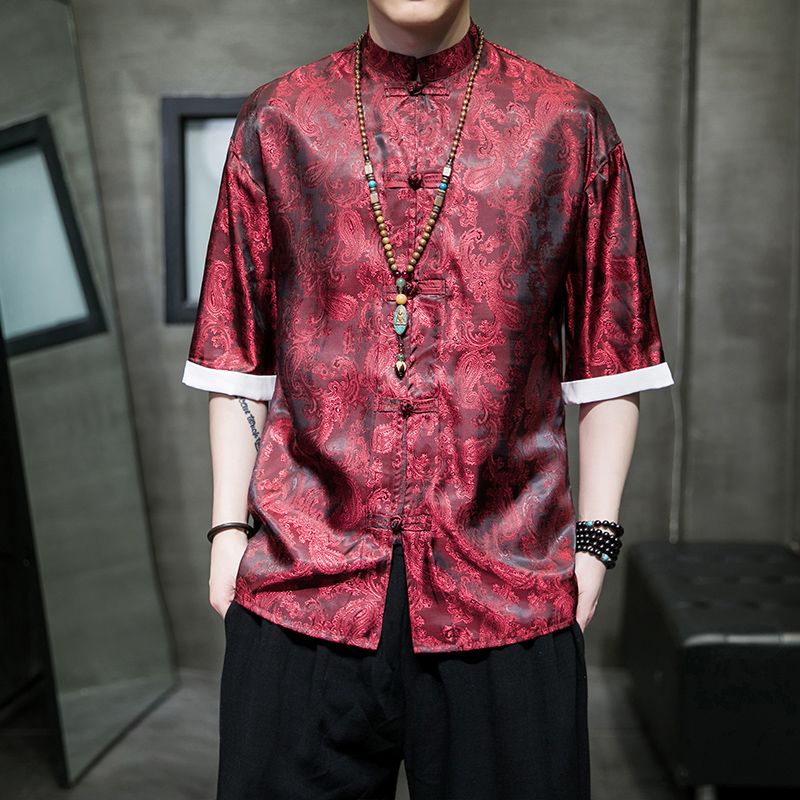 T Tang เสื้อเชิ้ตแขนสั้นลําลอง ผ้าเรยอน ทรงหลวม ขนาดใหญ่ สไตล์จีนโบราณ สําหรับผู้ชาย ส่งฟรี 1218