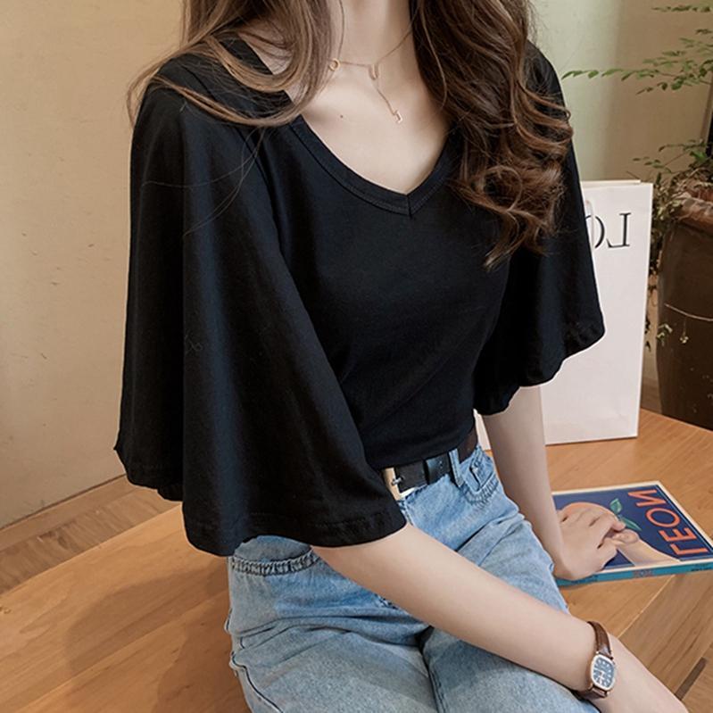 เสื้อยืดครอปแขนสั้น คอวี ทรงหลวม โอเวอร์ไซซ์ สไตล์เกาหลี แฟชั่นผู้หญิงอวบ ไซซ์ อก43-59 นิ้ว
