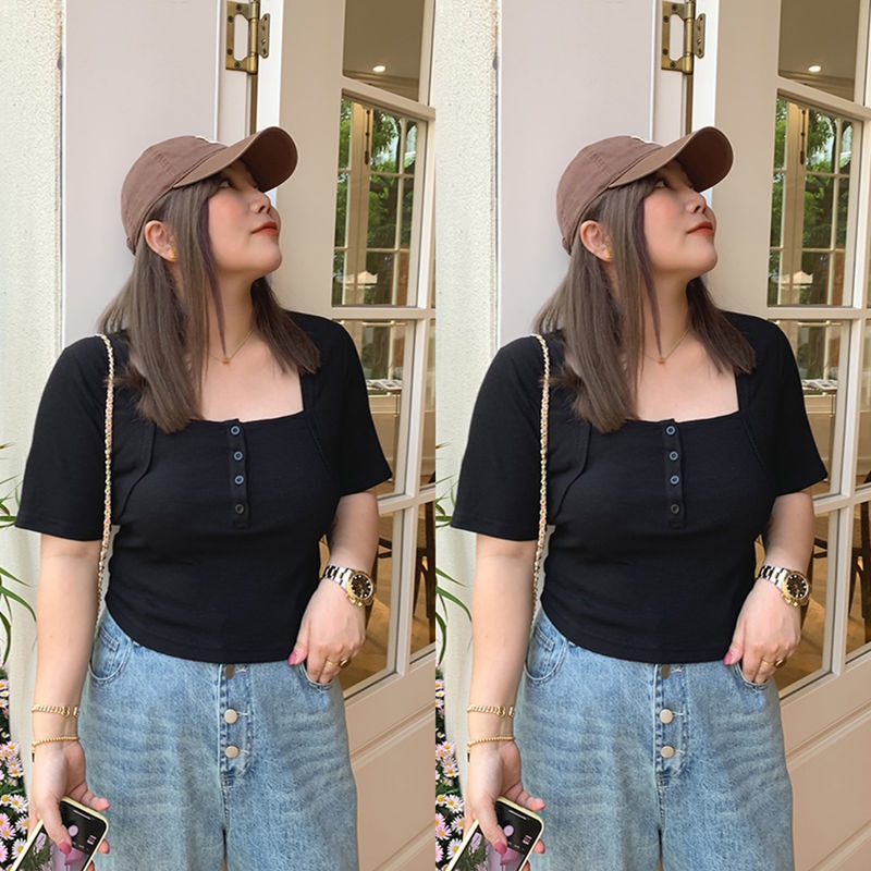 เสื้อยืดครอป คอสี่เหลี่ยม เสื้อครอปไซส์ใหญ่ ไซซ์ อก37-54 นิ้ว สไตล์เรโทร แฟชั่นผู้หญิงอวบอ้วน