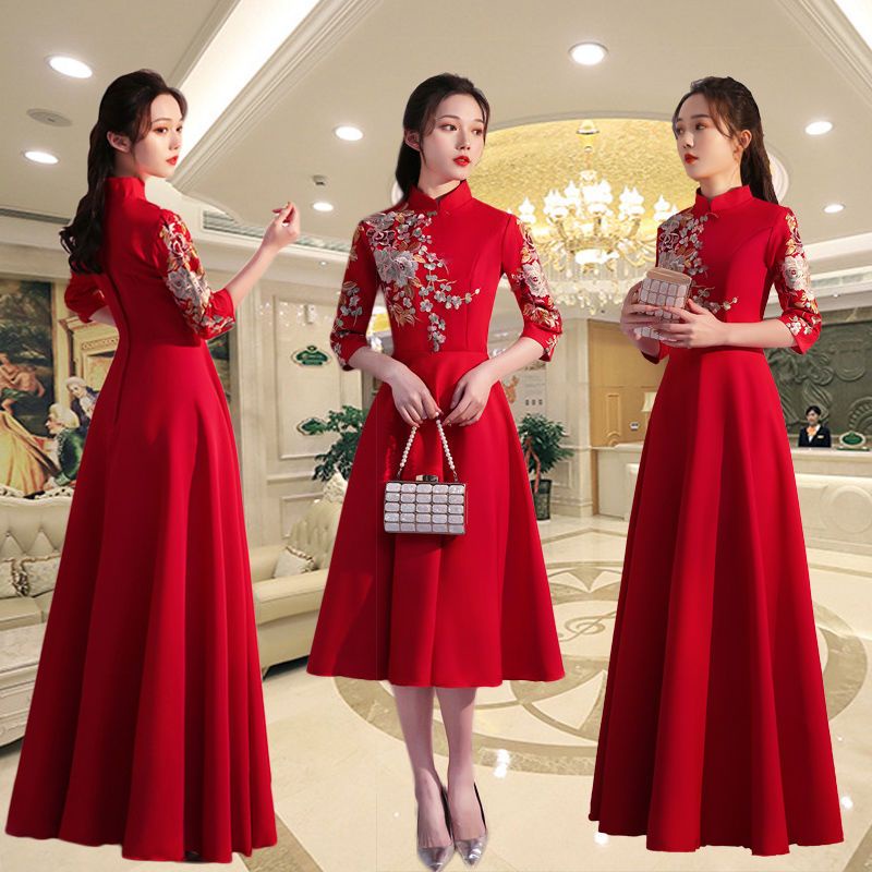 Zhien มาใหม่ ชุดเดรสกี่เพ้า ลาย Welcome สีแดง สําหรับนักเรียน โรงแรม