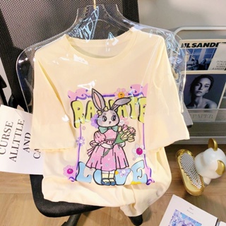 [Fei Fanmei] เสื้อยืดคอกลม แขนสั้น ปักลายการ์ตูนกระต่ายน่ารัก สไตล์เกาหลี ยุโรป สําหรับผู้หญิง