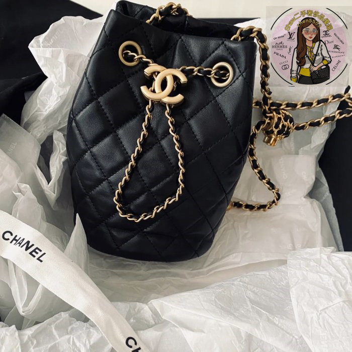 ยิงจริง❤ High-End Shaw Second-Hand CHAN L สีดํา Lambskin Walnut ทอ Golden Ball Mini Dual-Use Bucket 